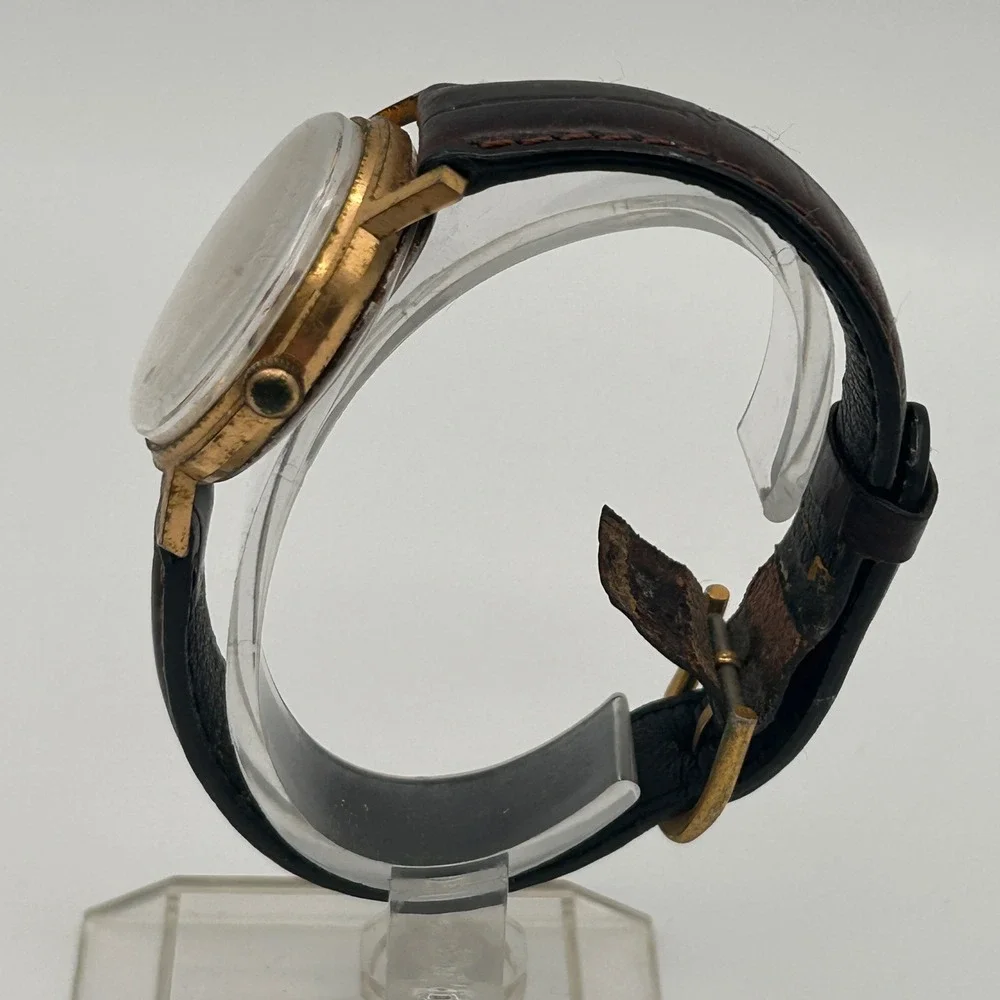Vtg‎ Timex Electric Mens Watch Gold Tone Champagne Dial Brown Leather FOR REPAIR